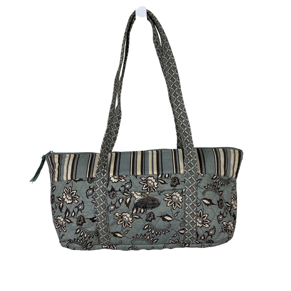 She's‎ Got Baggage Quilted Tote Bag Blue Floral Striped Zipper Shoulder Bag
